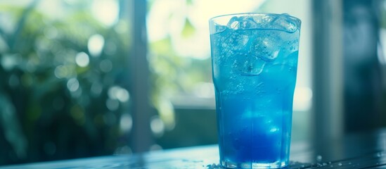 A mesmerizing glass of vibrant blue liquid standing on a rustic wooden table - Powered by Adobe