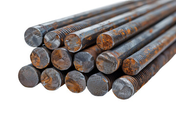 Pile of Steel Bars. A collection of steel bars arranged in a haphazard pile, The bars vary in length and thickness. Each bar reflects the light. On PNG Transparent Clear Background.