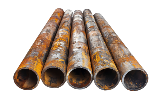 A collection of old and worn rusty pipes are seen arranged next to each other. The pipes vary in size and shape, showcasing a weathered and industrial appearance. On PNG Transparent Clear Background.