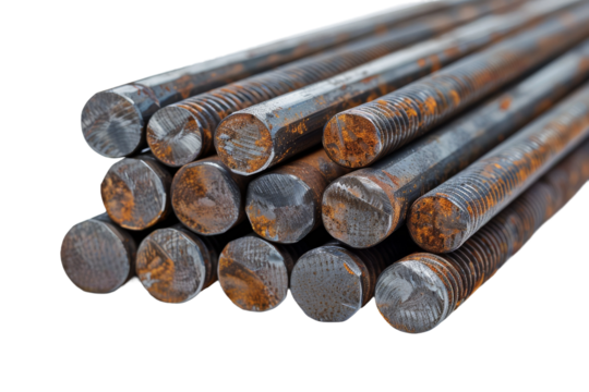 Pile of Steel Bars. A collection of steel bars arranged in a haphazard pile, The bars vary in length and thickness. Each bar reflects the light. On PNG Transparent Clear Background.