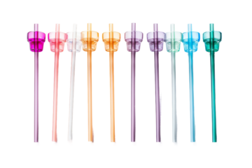 Array of Different Colored Straws. A collection of various colored straws arranged side by side Each straw differs in color, length, and pattern. On PNG Transparent Clear Background.