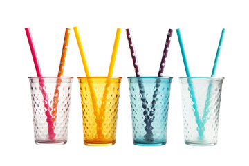 Set of Four Drinking Glasses With Straws. This image showcases a set of four clear drinking glasses...