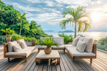 Fototapeta premium Outdoor Living room with nature scenery view for rest and relax decorate with modern furniture, cozy home decor background.