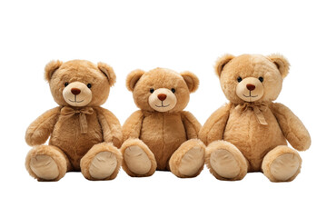 Three teddy bears of different colors, sitting closely next to each other. Each bear has a distinct expression on its face, appearing cute and cuddly. On PNG Transparent Clear Background.