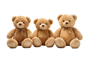 Three teddy bears of different colors, sitting closely next to each other. Each bear has a distinct expression on its face, appearing cute and cuddly. On PNG Transparent Clear Background.
