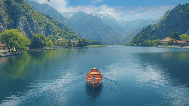 beautiful village scenery with lakes, mountain and wooden boat
