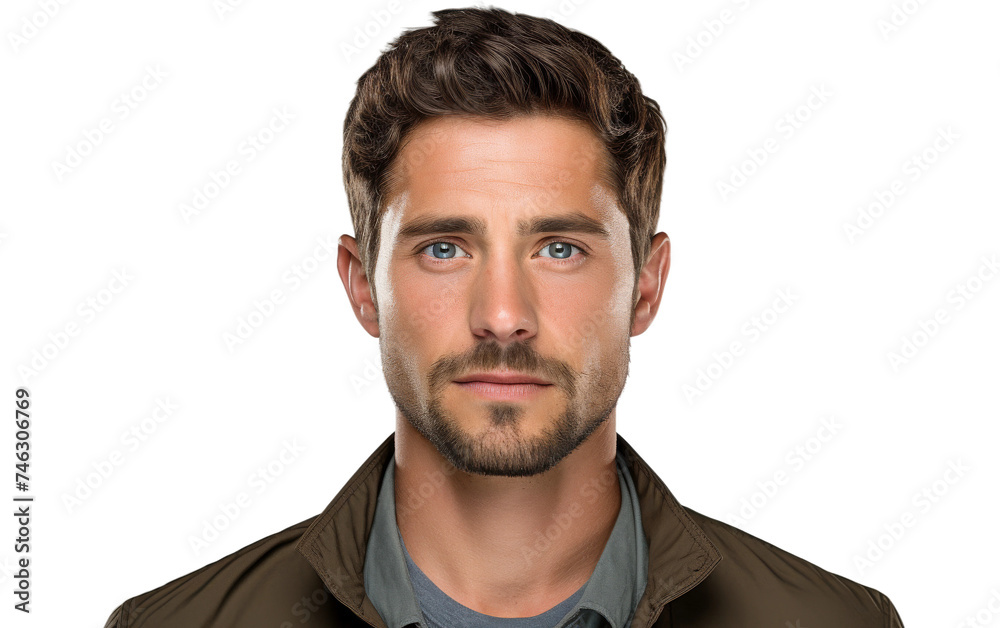 Wall mural A man with a beard and blue eyes is looking directly at the camera. His facial features are defined by the beard and piercing blue eyes. On PNG Transparent Clear Background.