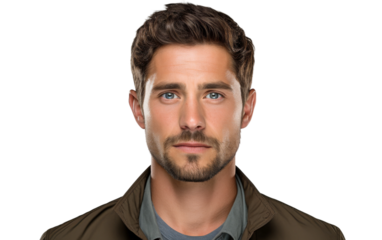 A man with a beard and blue eyes is looking directly at the camera. His facial features are defined by the beard and piercing blue eyes. On PNG Transparent Clear Background.