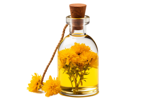 A clear glass bottle is filled with vibrant yellow flowers The delicate petals of the flowers stand out adding a natural touch to the scene. On PNG Transparent Clear Background.