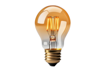 Yellow Light Bulb. A bright yellow light bulb is illuminated . The light bulb is the main focus of the image, showcasing its vibrant color and design. On PNG Transparent Clear Background.