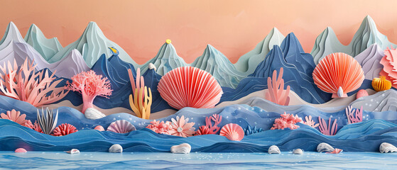 Paper art forms a large coral reef.