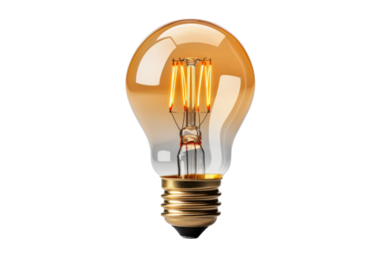 Yellow Light Bulb. A bright yellow light bulb is illuminated . The light bulb is the main focus of the image, showcasing its vibrant color and design. On PNG Transparent Clear Background.