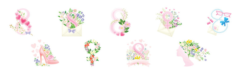 International Woman Day Floral Composition with Feminine Object Vector Set