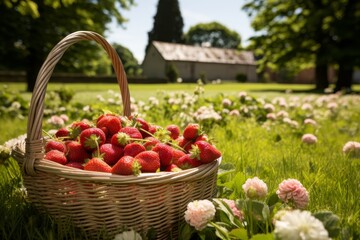 Ripe strawberries in a basket on green grass lawn with some berries spilled and scattered