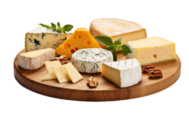 A variety of cheeses, including cheddar, brie, and gouda, neatly arranged on a rustic wooden platter. Each cheese has a different texture and color. On PNG Transparent Clear Background.