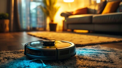 A robotic vacuum cleaner navigating through a room, autonomously cleaning floors and carpets.