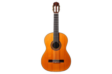 A small acoustic guitar with a wooden body. The guitars compact size and rich wood grain are...