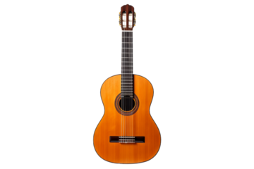 A small acoustic guitar with a wooden body. The guitars compact size and rich wood grain are highlighted, showcasing its craftsmanship and traditional design. On PNG Transparent Clear Background.