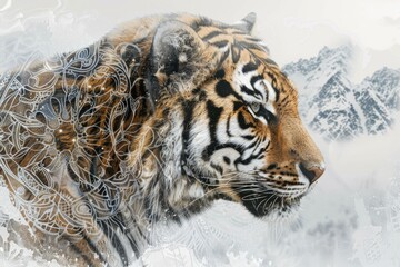 Obraz premium A tiger overlaid with the intricate patterns of a mandala design in a double exposure
