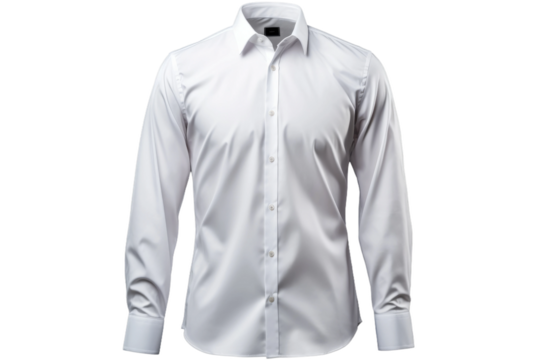 A white shirt is displayed on a mannequin in a bright, well lit room. The mannequins arms are positioned to show off the shirts fit and design. On PNG Transparent Clear Background.