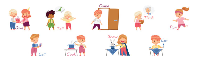 Verbs Study with Little Kids Doing Different Activity Demonstrating Vocabulary Vector Set