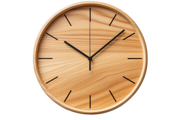 Wooden Clock With Black Hands. The clock hands are pointing to the time, indicating the current hour and minute. On PNG Transparent Clear Background.