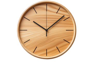 Wooden Clock With Black Hands. The clock hands are pointing to the time, indicating the current hour and minute. On PNG Transparent Clear Background.