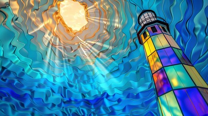 stained glass window with a lighthouse in the background 
