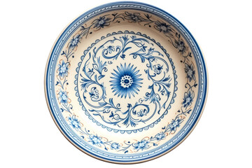 Blue and White Bowl. A blue and white bowl features a simple design with a combination of blue and white colors. Light reflects off the glossy surface of the bowl. On PNG Transparent Clear Background.