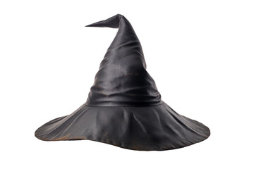 A black witches hat is classic in design, conical in shape with a wide brim. The stark contrast between the black hat creates a striking visual impact. On PNG Transparent Clear Background.