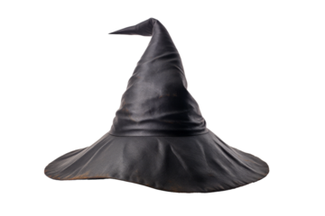A black witches hat is classic in design, conical in shape with a wide brim. The stark contrast between the black hat creates a striking visual impact. On PNG Transparent Clear Background.