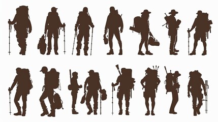 Hiking man vector silhouette set hiker silhouettes silhouettes of hiker with a backpack