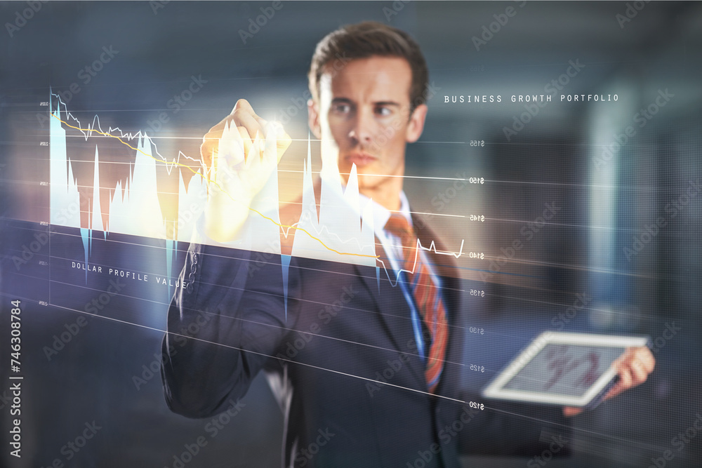 Poster Businessman, data and writing on digital interface with statistics or analysis for stock market. Tablet, tech and professional trader on graph on touchscreen, finance or investment on double exposure