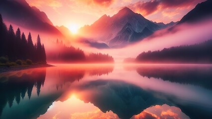 Sunrise Serenity: Captivating Harmony Between Dawn's Radiance and a Mountain Lake's Tranquil Beauty - obrazy, fototapety, plakaty