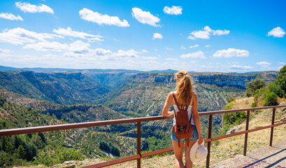 Woman tourist enjoying panoramic view of mountain- Travel, tourism,vacation- France, Cirque de...