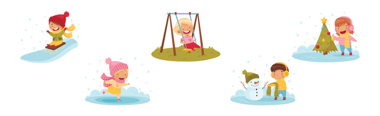 Kids Enjoying Season Walking at Nature Vector Set