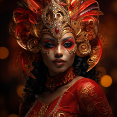 A smiling woman of samba dancers in vibrant costumes Brazil during the carnival. Young women...