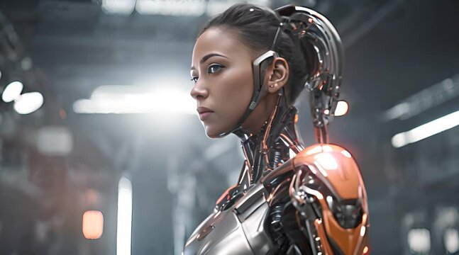 A female cyborg with advanced robotics and human features stands in a modern industrial setting