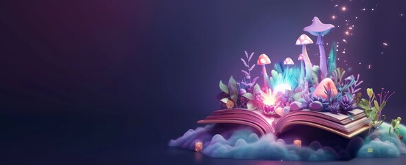 The concept for World Book Day background. 3D style Illustration of magical book with fantasy stories inside it. Fantasy and literature concept. Happy World book day. Copy space