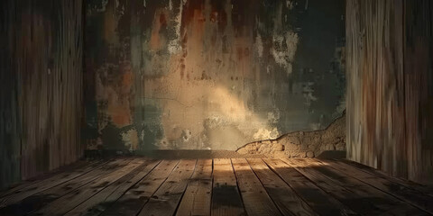 empty wooden floor in dark room interior with old wall