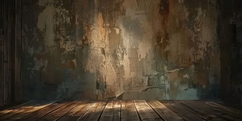 empty wooden floor in dark room interior with old wall