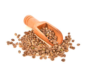 Cannabis seeds , Marijuana seeds in wooden scoop isolated on white