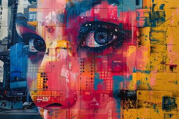 Colorful Street Art Portrait of a Woman in Cityscape Style