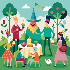 Whimsical characters attending a garden party. vektor illustation
