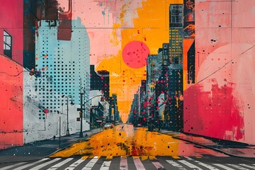 Vibrant Colored City Street Painting in Abstract Style