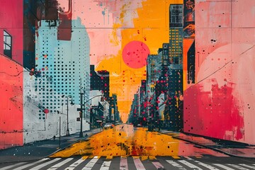 Fototapeta premium Vibrant Colored City Street Painting in Abstract Style