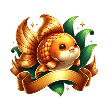 goldfish logo with gold ribbon and leaf accents, with Generative AI Techonology.	
