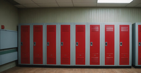 A row of red metal lockers in a school hallway, providing secure storage for students' belongings.