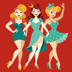 Retro pin-up girls in party attire. vektor illustation