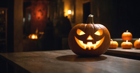 A Halloween party at a bar with adults enjoying the festive atmosphere, adorned with pumpkin decorations and jack-o'-lanterns.